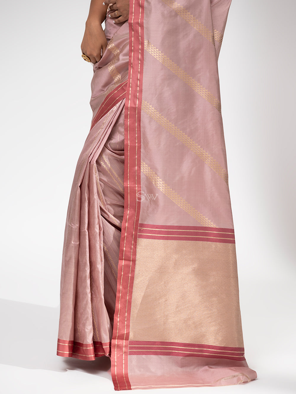 Dusty Pink Stripe Katan Silk Handloom Banarasi Saree - Sacred Weaves