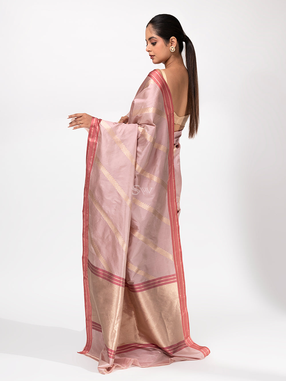 Dusty Pink Stripe Katan Silk Handloom Banarasi Saree - Sacred Weaves