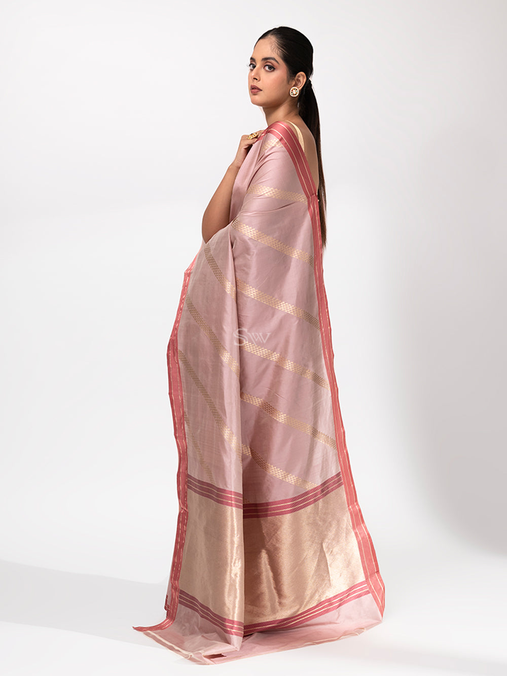 Dusty Pink Stripe Katan Silk Handloom Banarasi Saree - Sacred Weaves