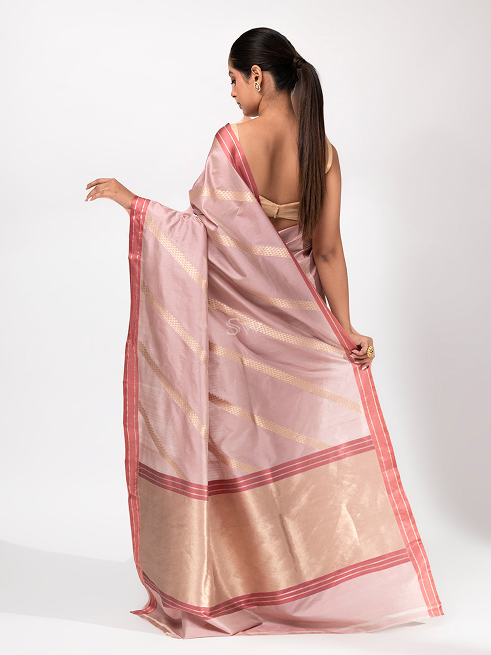 Dusty Pink Stripe Katan Silk Handloom Banarasi Saree - Sacred Weaves