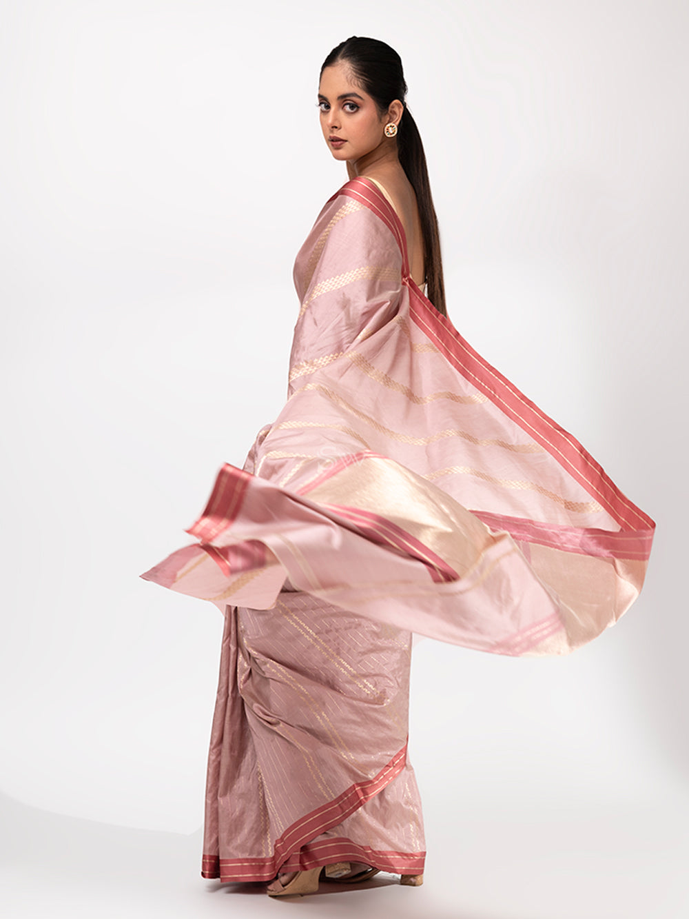 Dusty Pink Stripe Katan Silk Handloom Banarasi Saree - Sacred Weaves