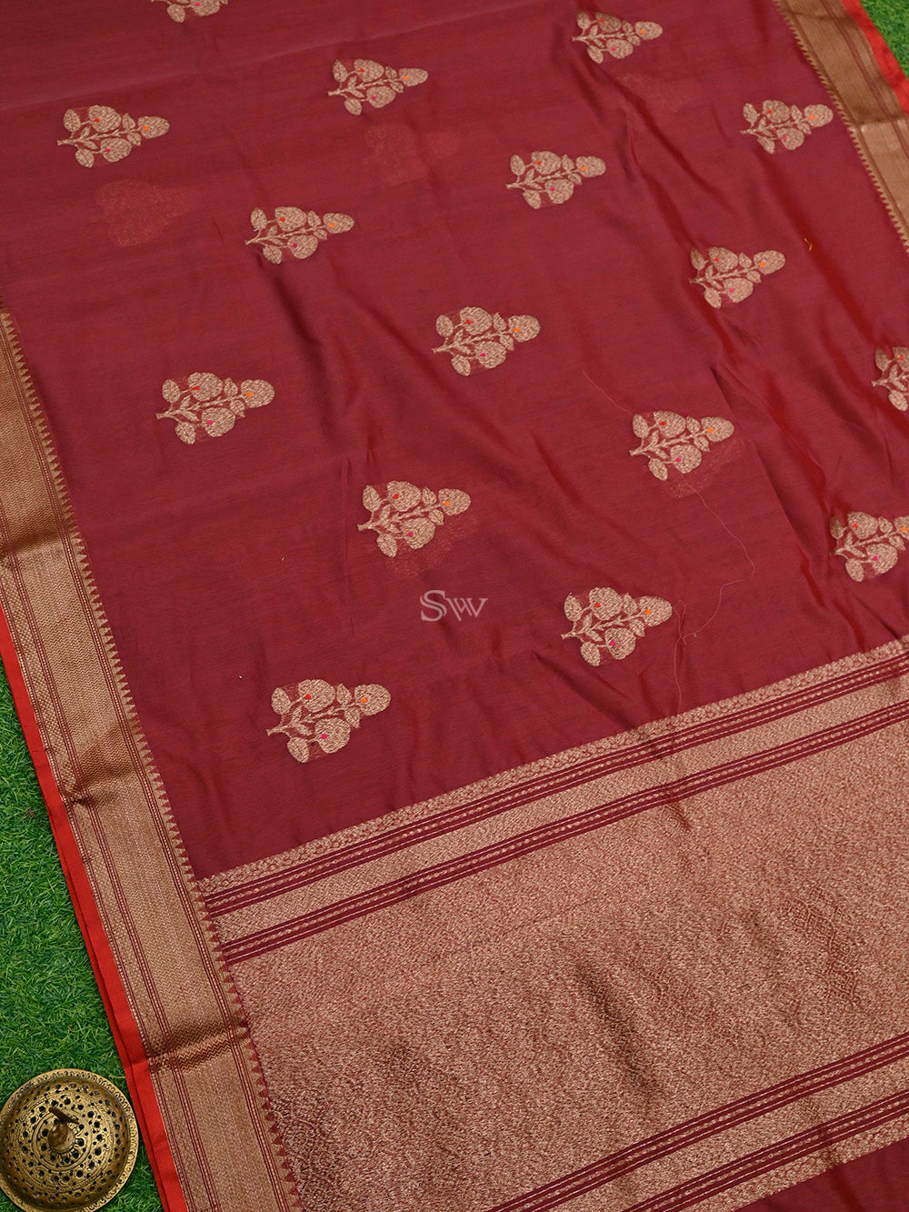 Maroon Boota Chanderi Silk Handloom Banarasi Saree - Sacred Weaves