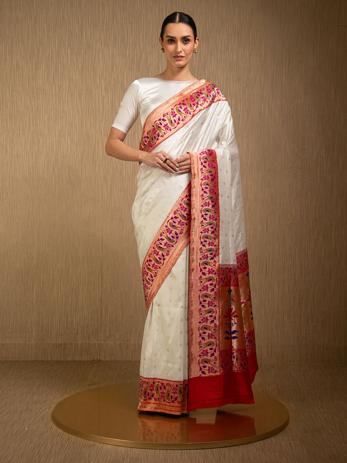 Cream Paithani Katan Silk Handloom Banarasi Saree
