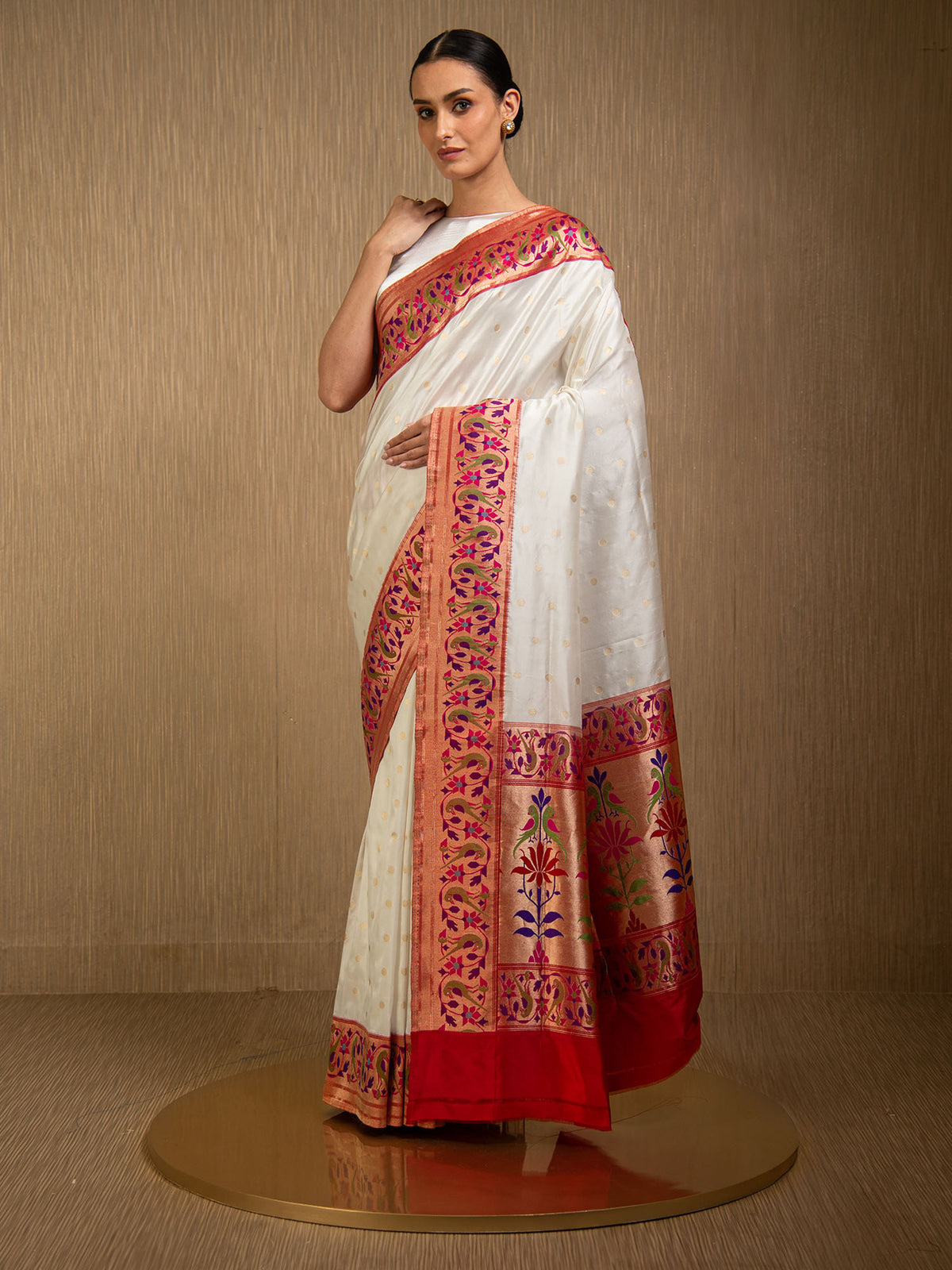 Cream Paithani Katan Silk Handloom Banarasi Saree