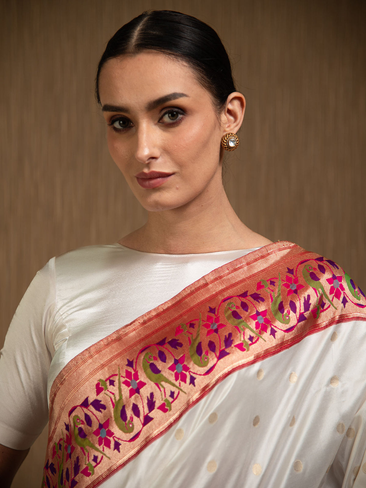 Cream Paithani Katan Silk Handloom Banarasi Saree