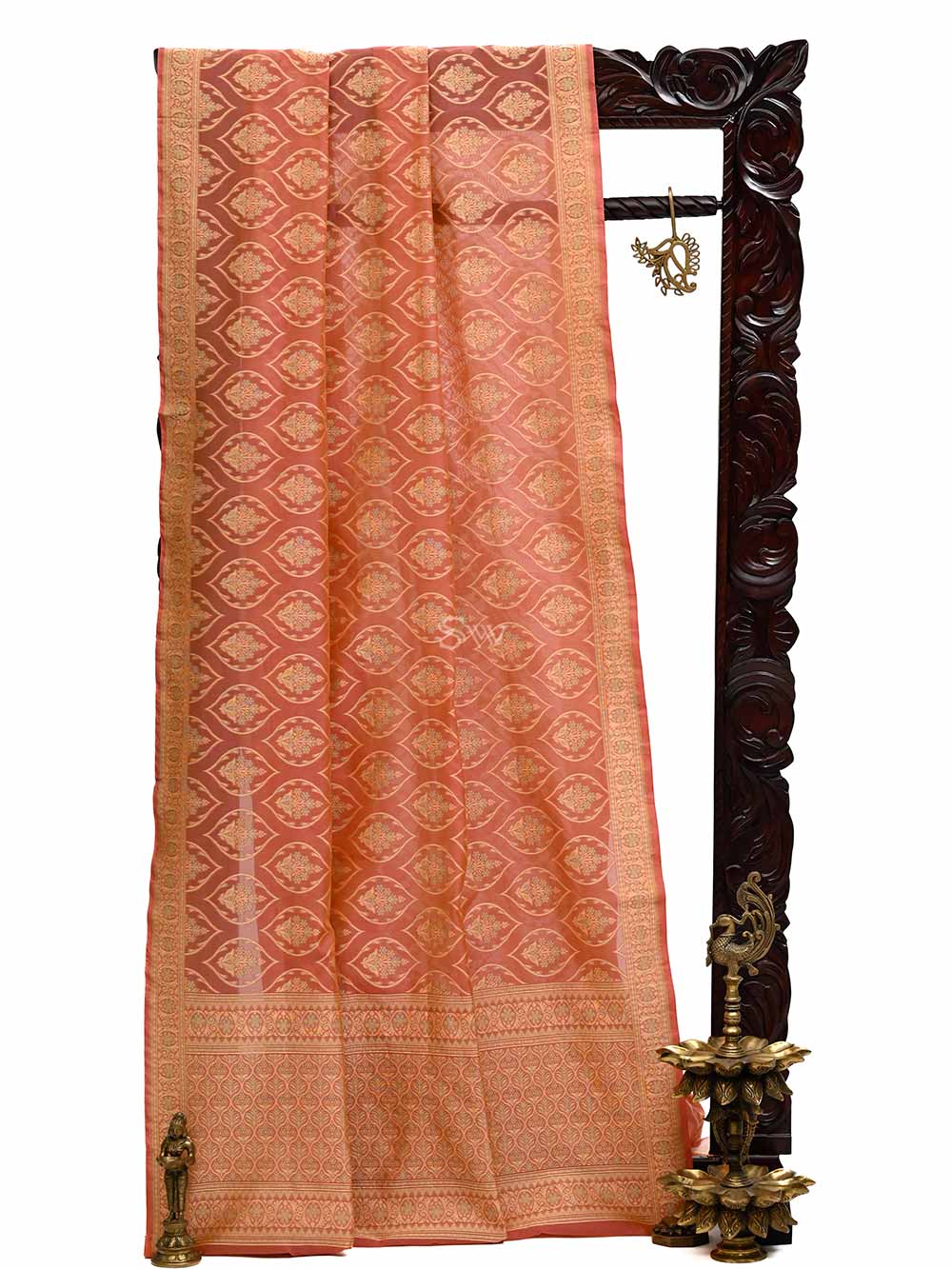 Pink Orange Boota Cotton Silk Handloom Banarasi Saree - Sacred Weaves