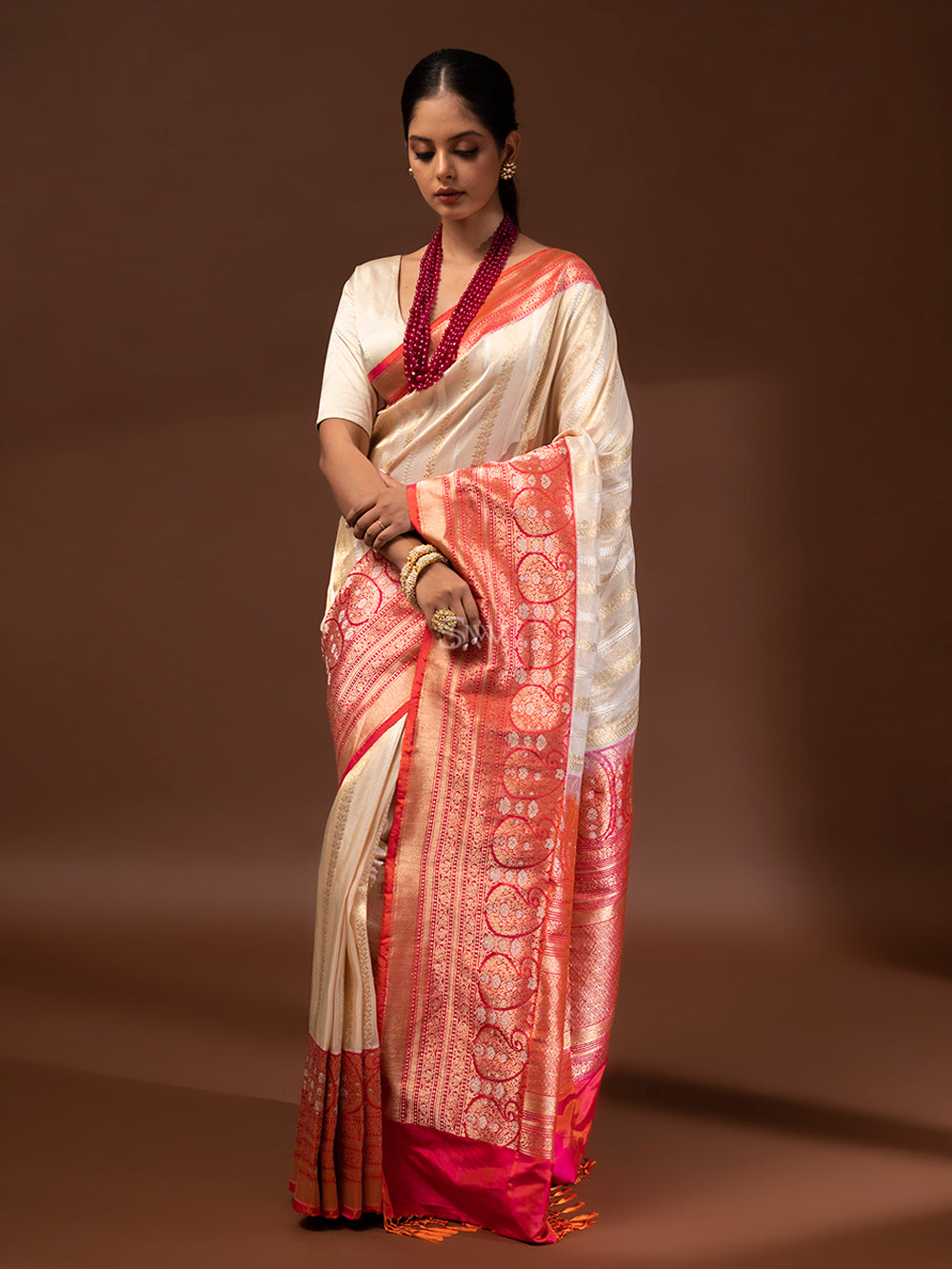 Cream Gold Katan Silk Tissue Handloom Banarasi Saree - Sacred Weaves