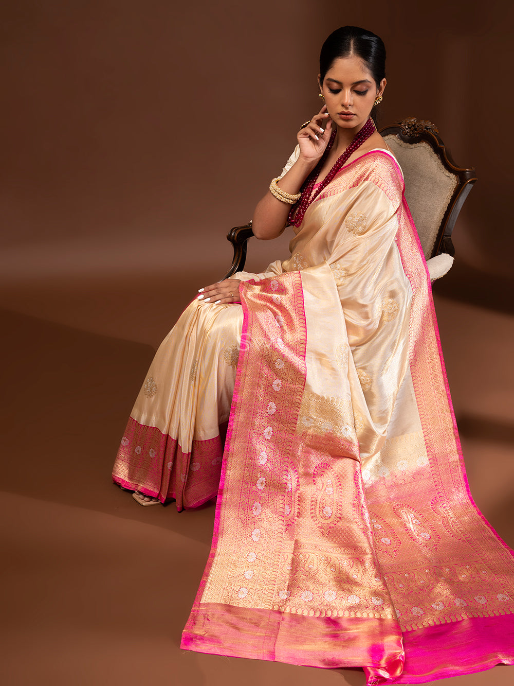 Cream Gold Katan Silk Tissue Handloom Banarasi Saree - Sacred Weaves