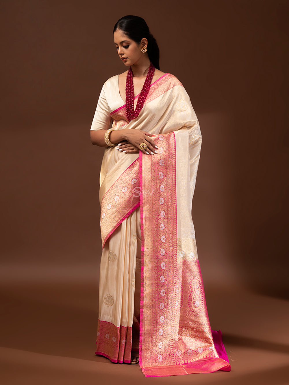 Cream Gold Katan Silk Tissue Handloom Banarasi Saree - Sacred Weaves