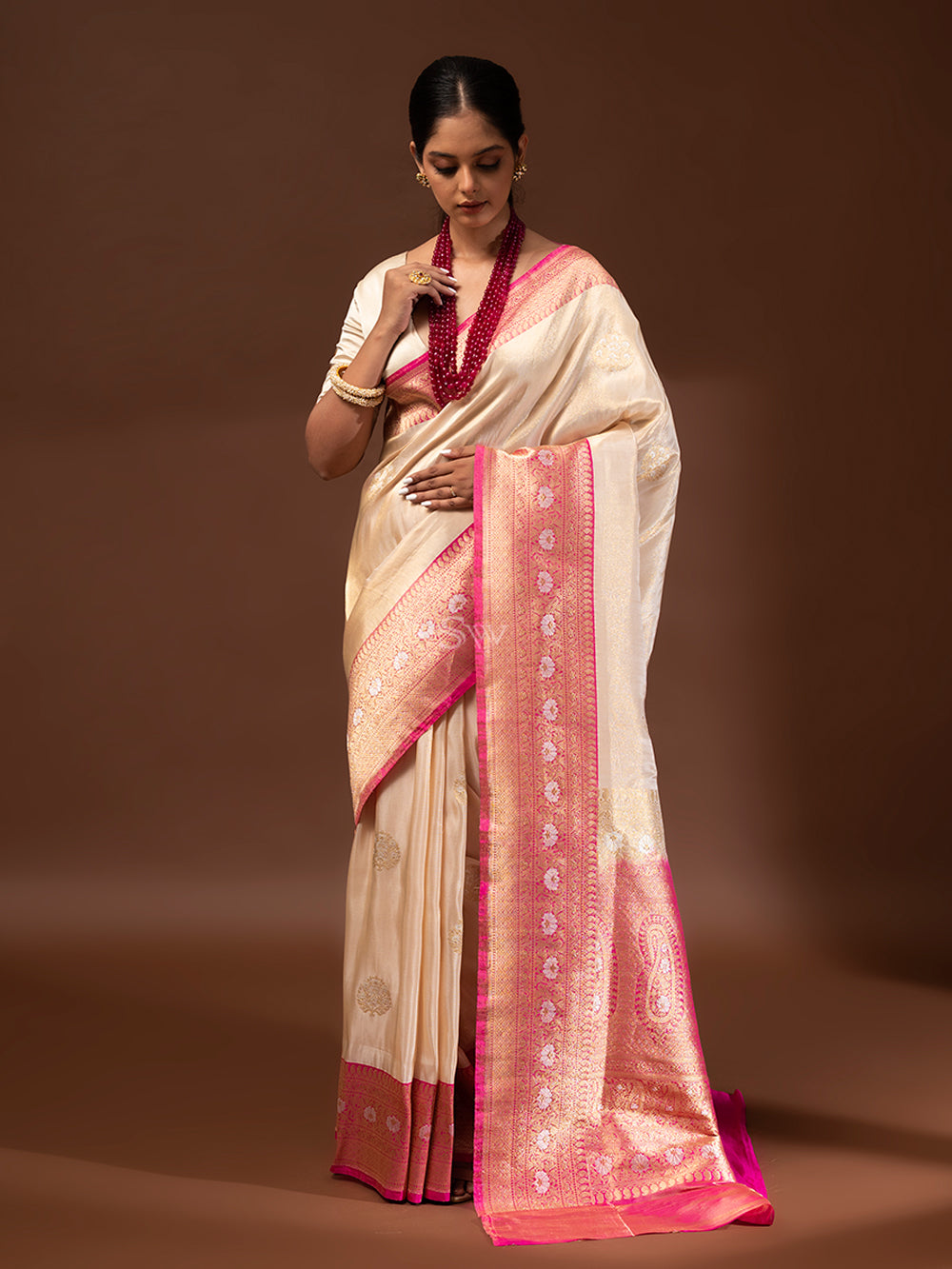 Cream Gold Katan Silk Tissue Handloom Banarasi Saree - Sacred Weaves