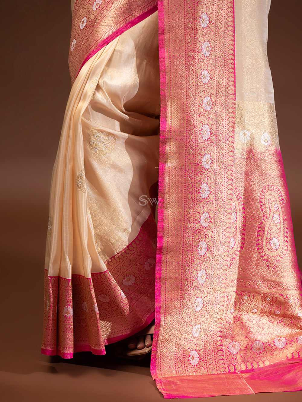Cream Gold Katan Silk Tissue Handloom Banarasi Saree - Sacred Weaves