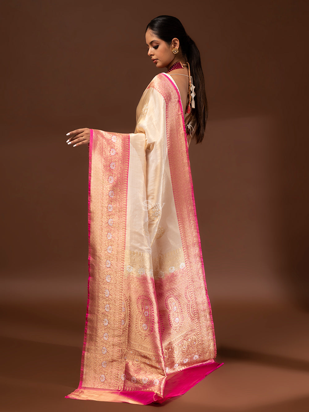 Cream Gold Katan Silk Tissue Handloom Banarasi Saree - Sacred Weaves