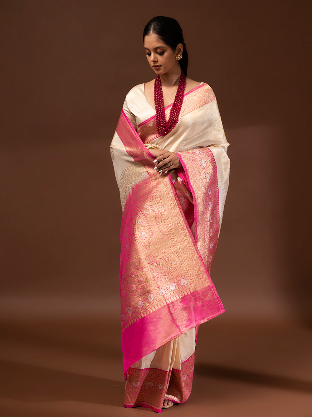 Cream Gold Katan Silk Tissue Handloom Banarasi Saree - Sacred Weaves