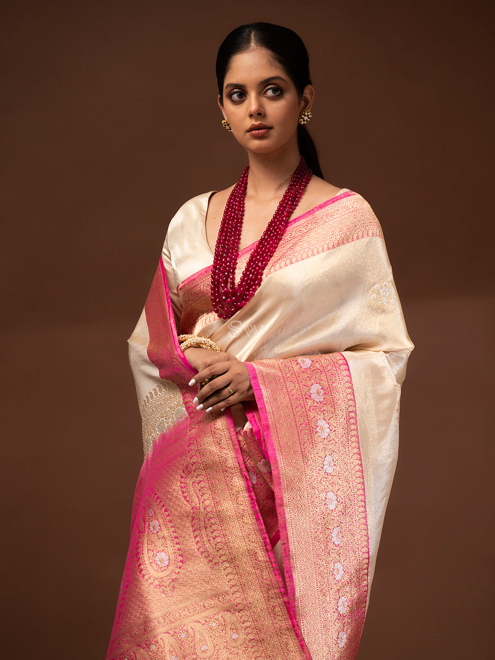 Cream Gold Katan Silk Tissue Handloom Banarasi Saree - Sacred Weaves