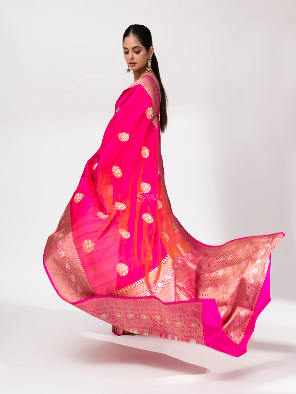 Pink Orange Katan Silk Handloom Banarasi Saree - Sacred Weaves