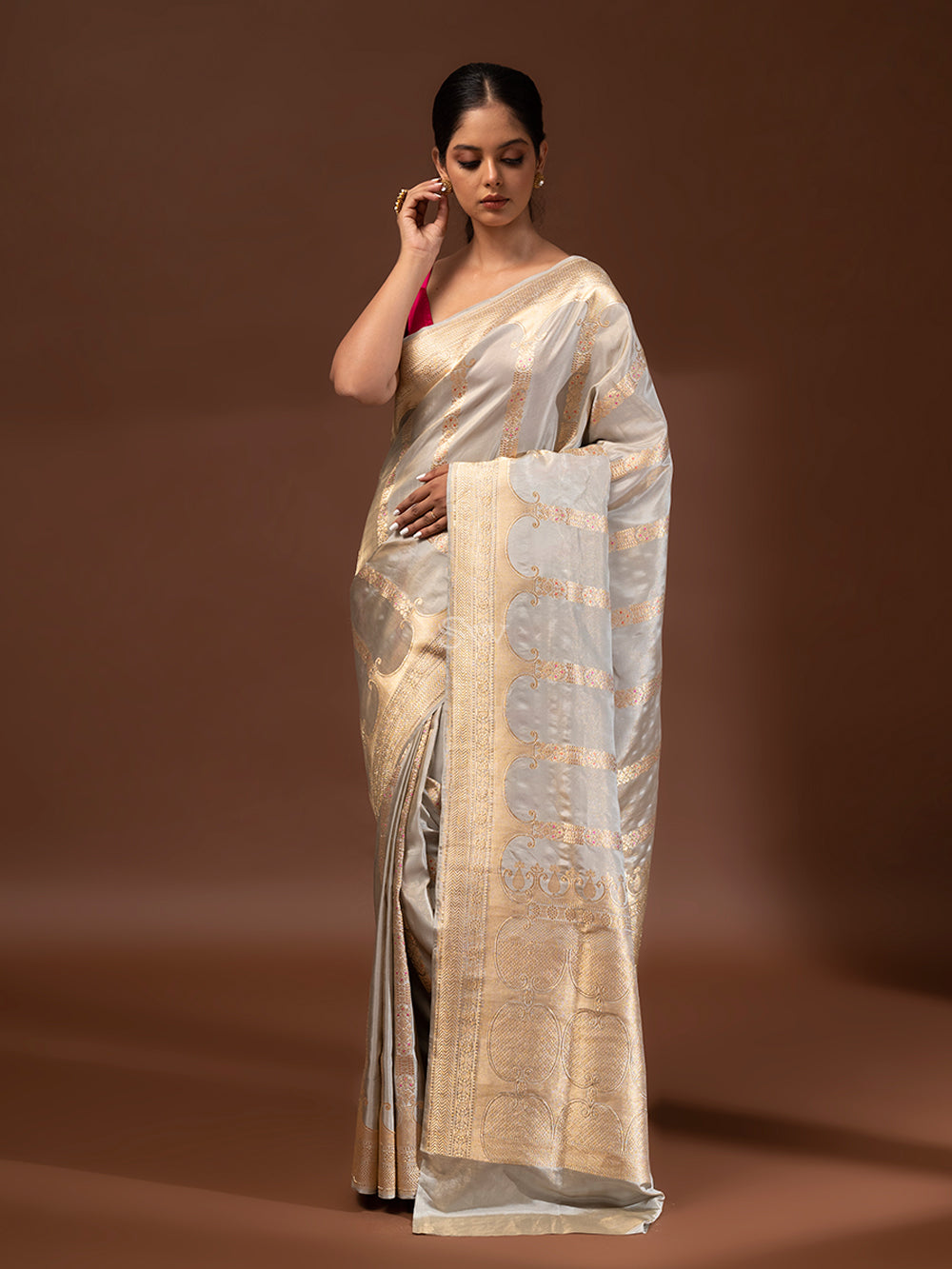 Grey Meenakari Katan Silk Tissue Handloom Banarasi Saree - Sacred Weaves