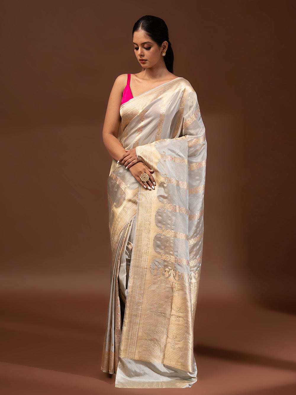 Grey Meenakari Katan Silk Tissue Handloom Banarasi Saree - Sacred Weaves