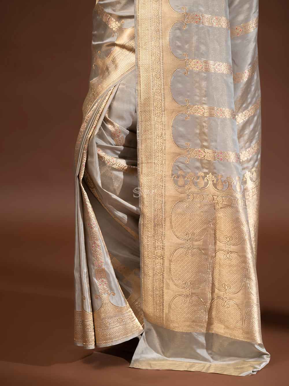 Grey Meenakari Katan Silk Tissue Handloom Banarasi Saree - Sacred Weaves