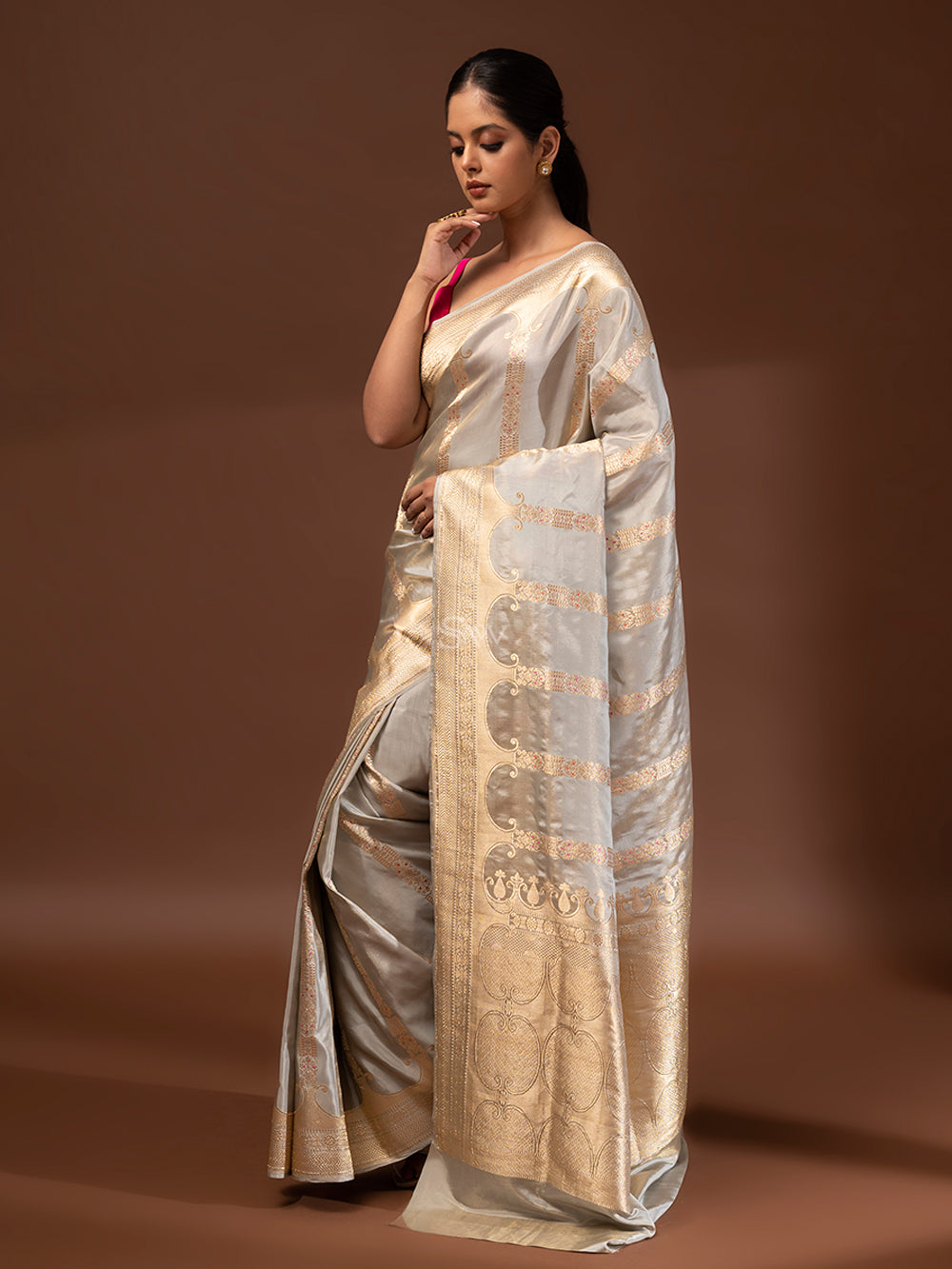 Grey Meenakari Katan Silk Tissue Handloom Banarasi Saree - Sacred Weaves