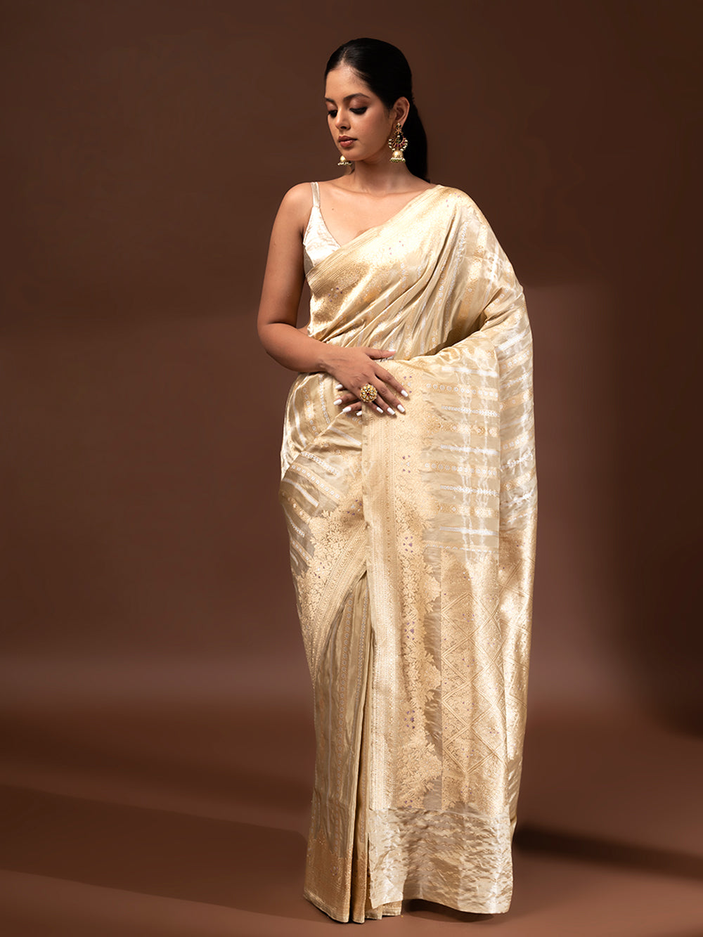 Beige Gold Tissue Handloom Banarasi Saree - Sacred Weaves