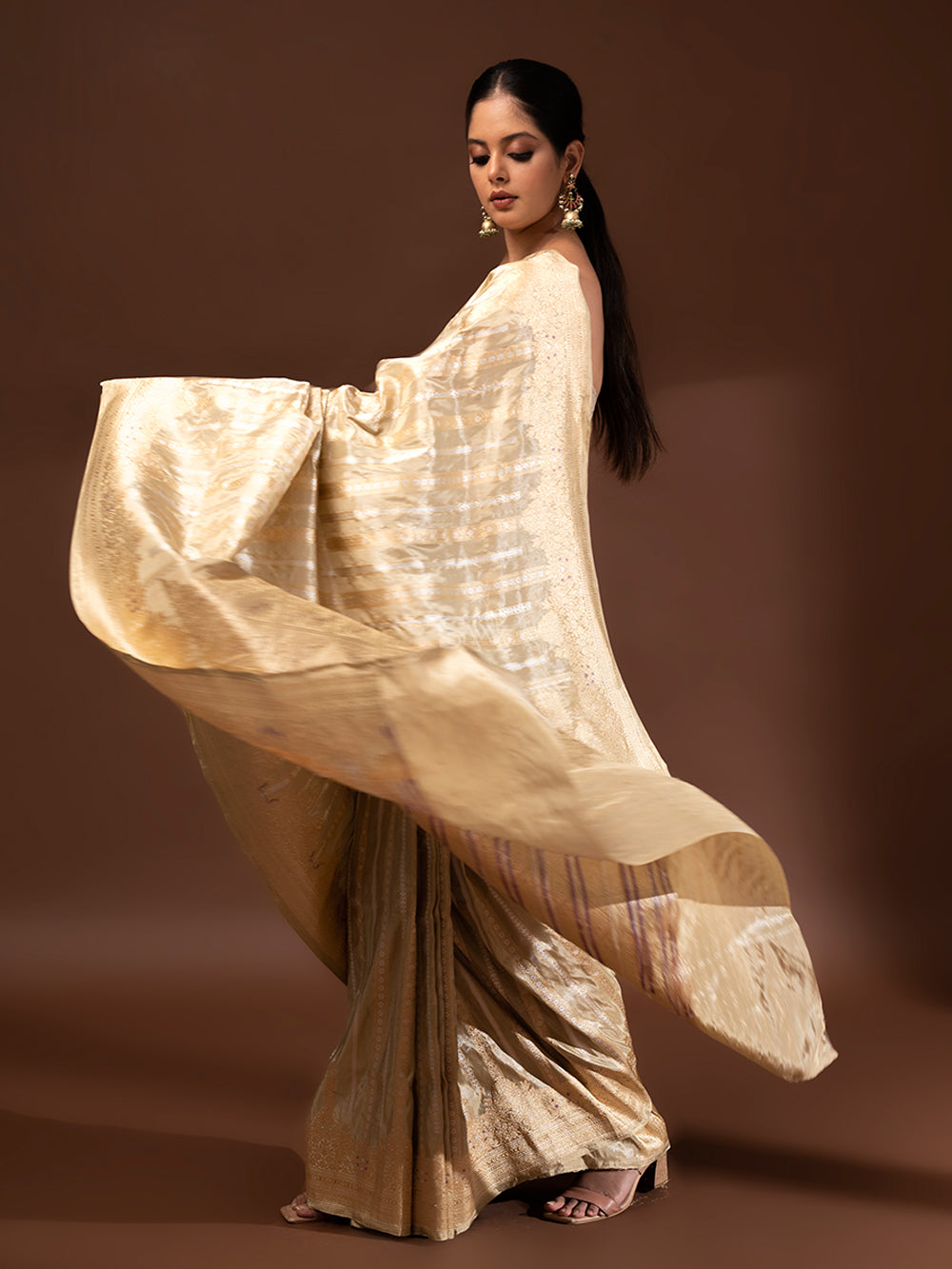 Beige Gold Tissue Handloom Banarasi Saree - Sacred Weaves