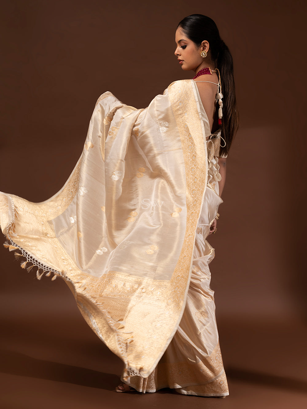Cream Gold Katan Silk Tissue Handloom Banarasi Saree - Sacred Weaves