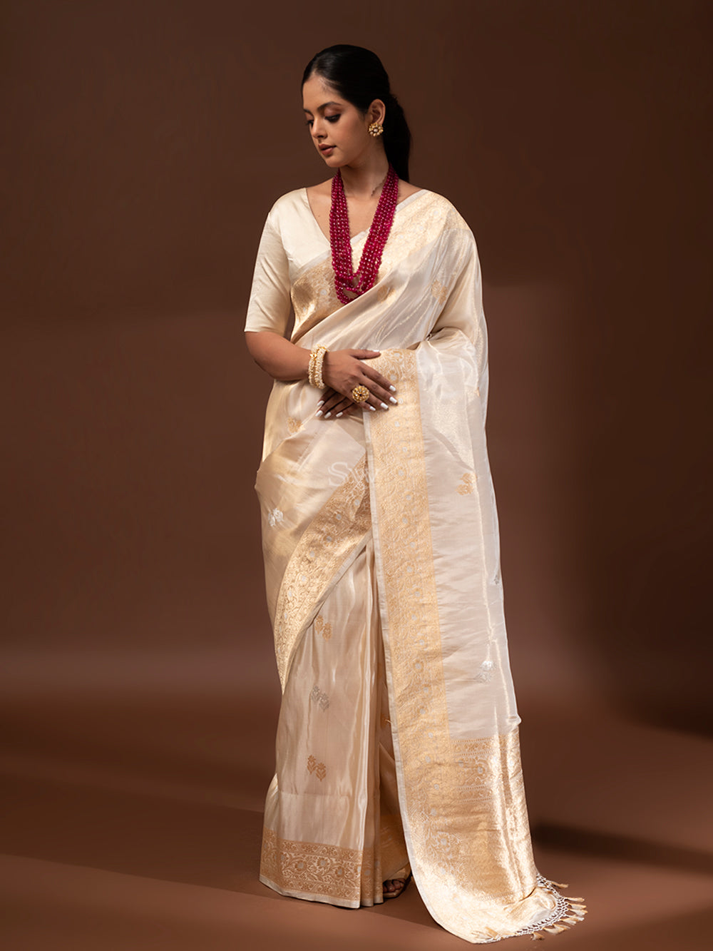 Cream Gold Katan Silk Tissue Handloom Banarasi Saree - Sacred Weaves