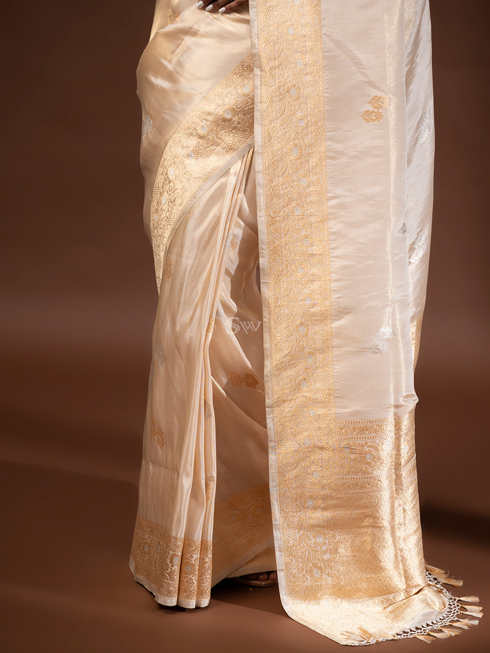 Cream Gold Katan Silk Tissue Handloom Banarasi Saree - Sacred Weaves