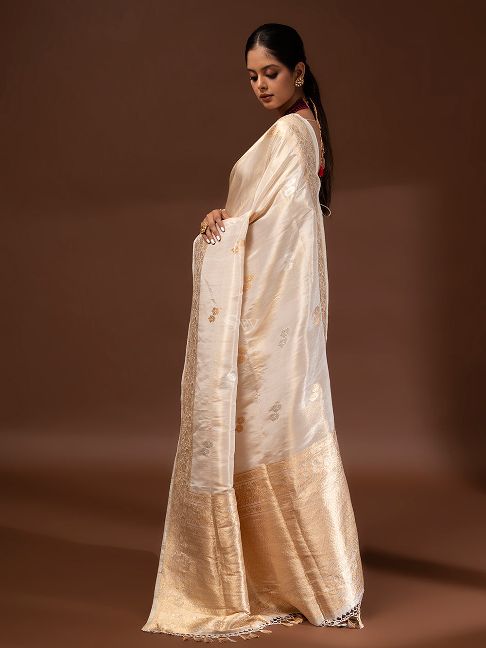 Cream Gold Katan Silk Tissue Handloom Banarasi Saree - Sacred Weaves