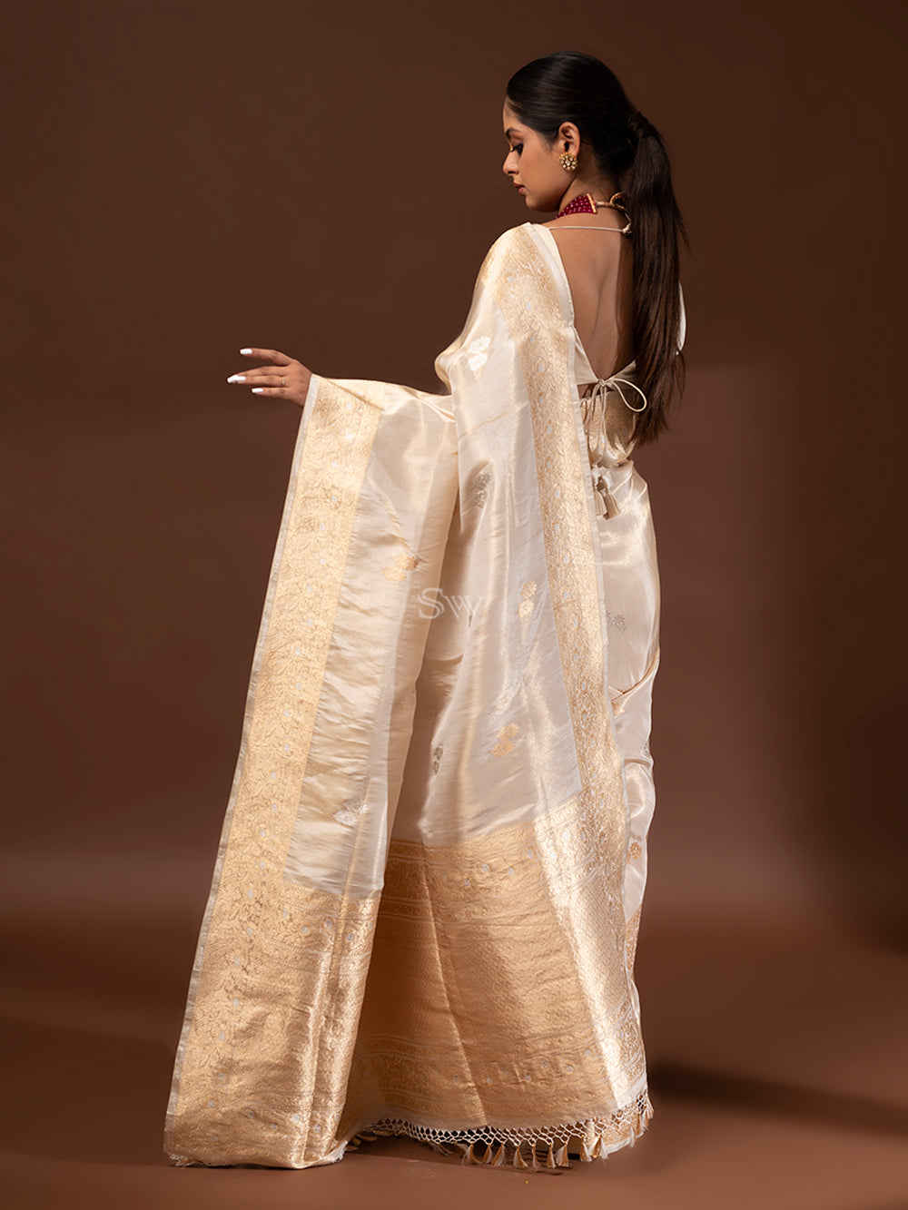 Cream Gold Katan Silk Tissue Handloom Banarasi Saree - Sacred Weaves