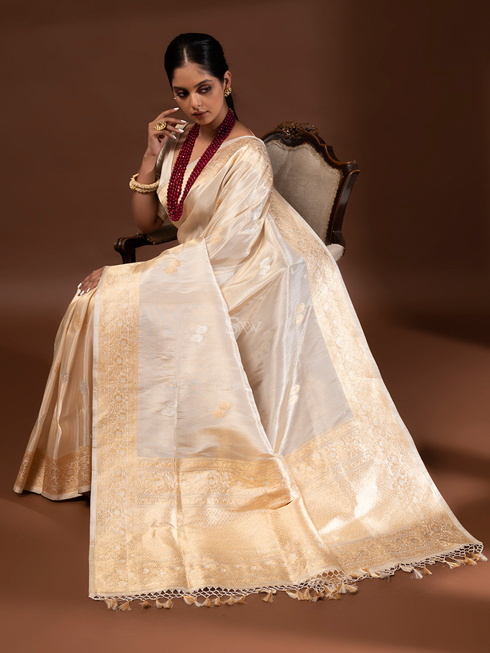 Cream Gold Katan Silk Tissue Handloom Banarasi Saree - Sacred Weaves