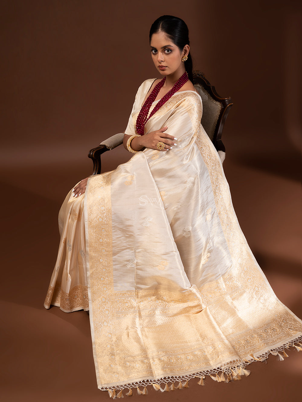 Cream Gold Katan Silk Tissue Handloom Banarasi Saree - Sacred Weaves