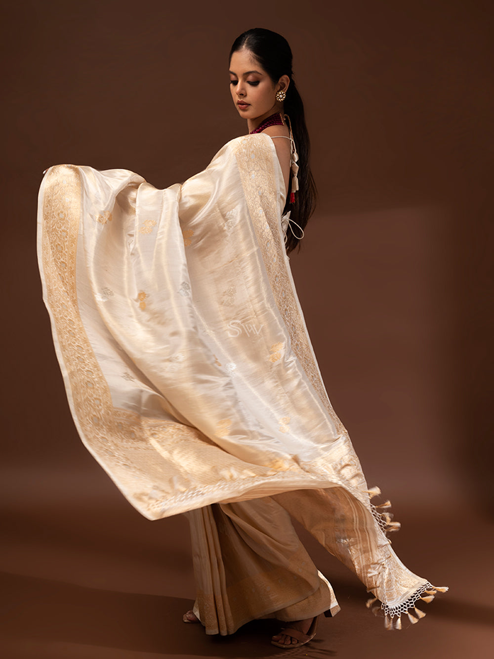 Cream Gold Katan Silk Tissue Handloom Banarasi Saree - Sacred Weaves