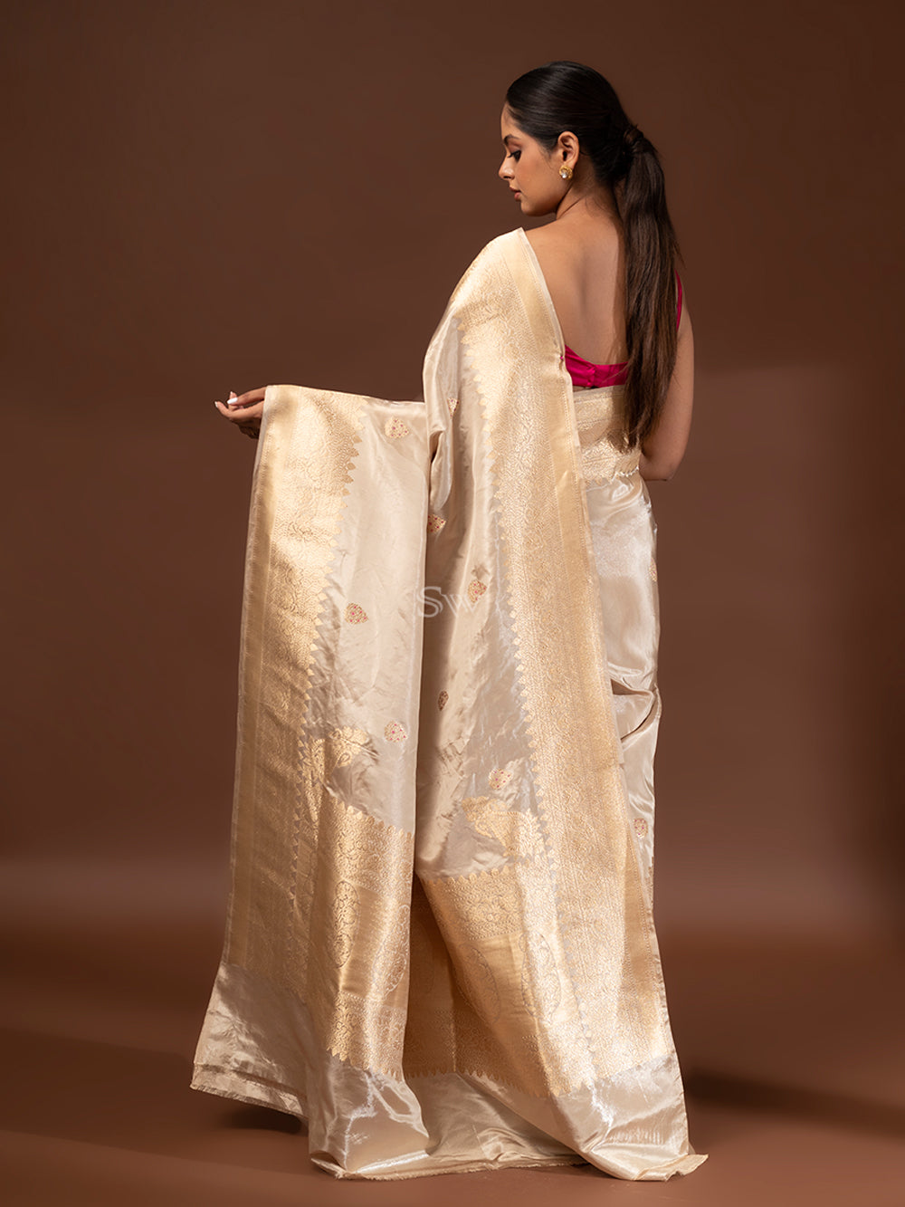 Beige Gold Konia Meenakari Katan Silk Tissue Handloom Banarasi Saree - Sacred Weaves