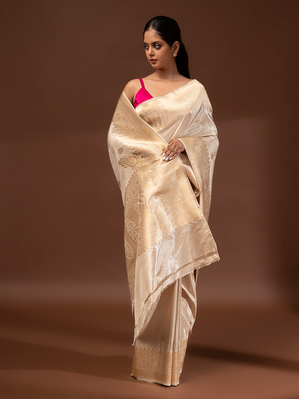 Beige Gold Konia Meenakari Katan Silk Tissue Handloom Banarasi Saree - Sacred Weaves