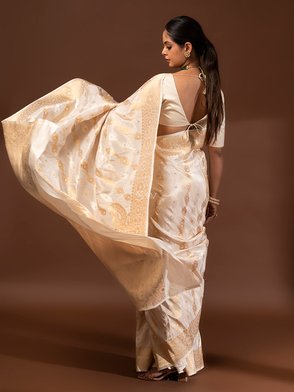 Cream Gold Konia Katan Silk Tissue Handloom Banarasi Saree - Sacred Weaves
