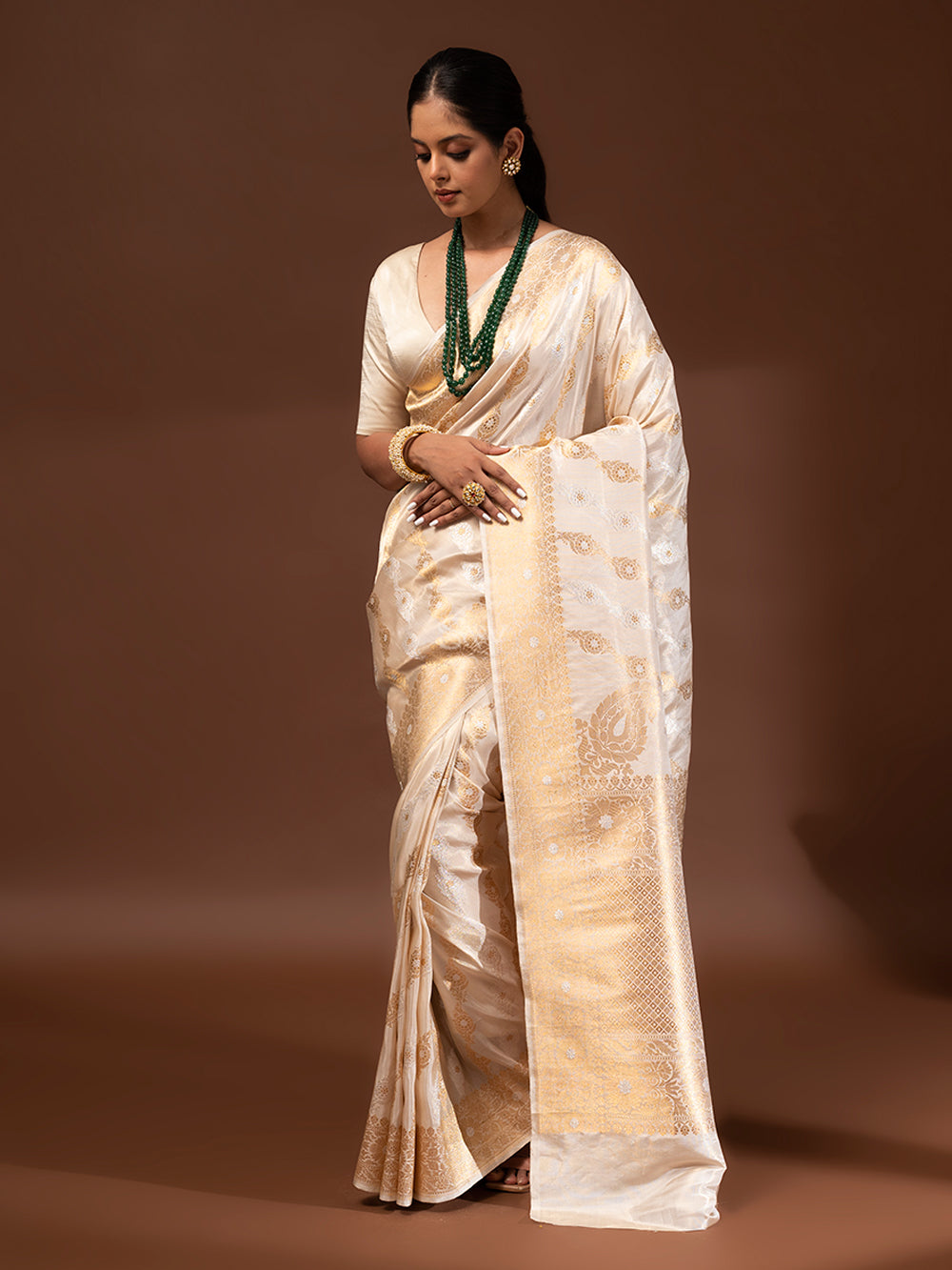 Cream Gold Konia Katan Silk Tissue Handloom Banarasi Saree - Sacred Weaves