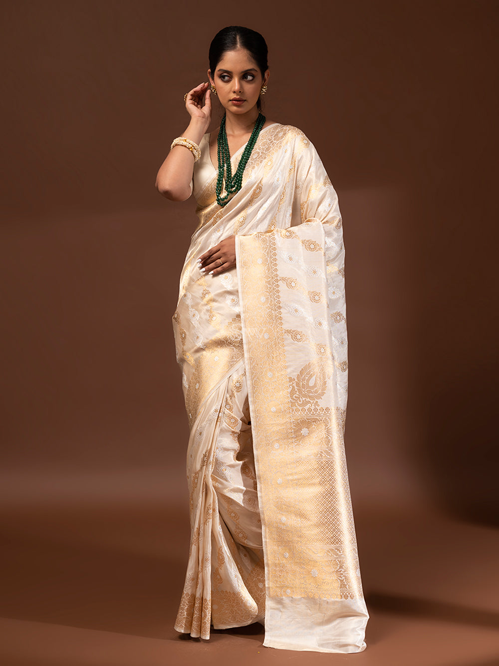 Cream Gold Konia Katan Silk Tissue Handloom Banarasi Saree - Sacred Weaves