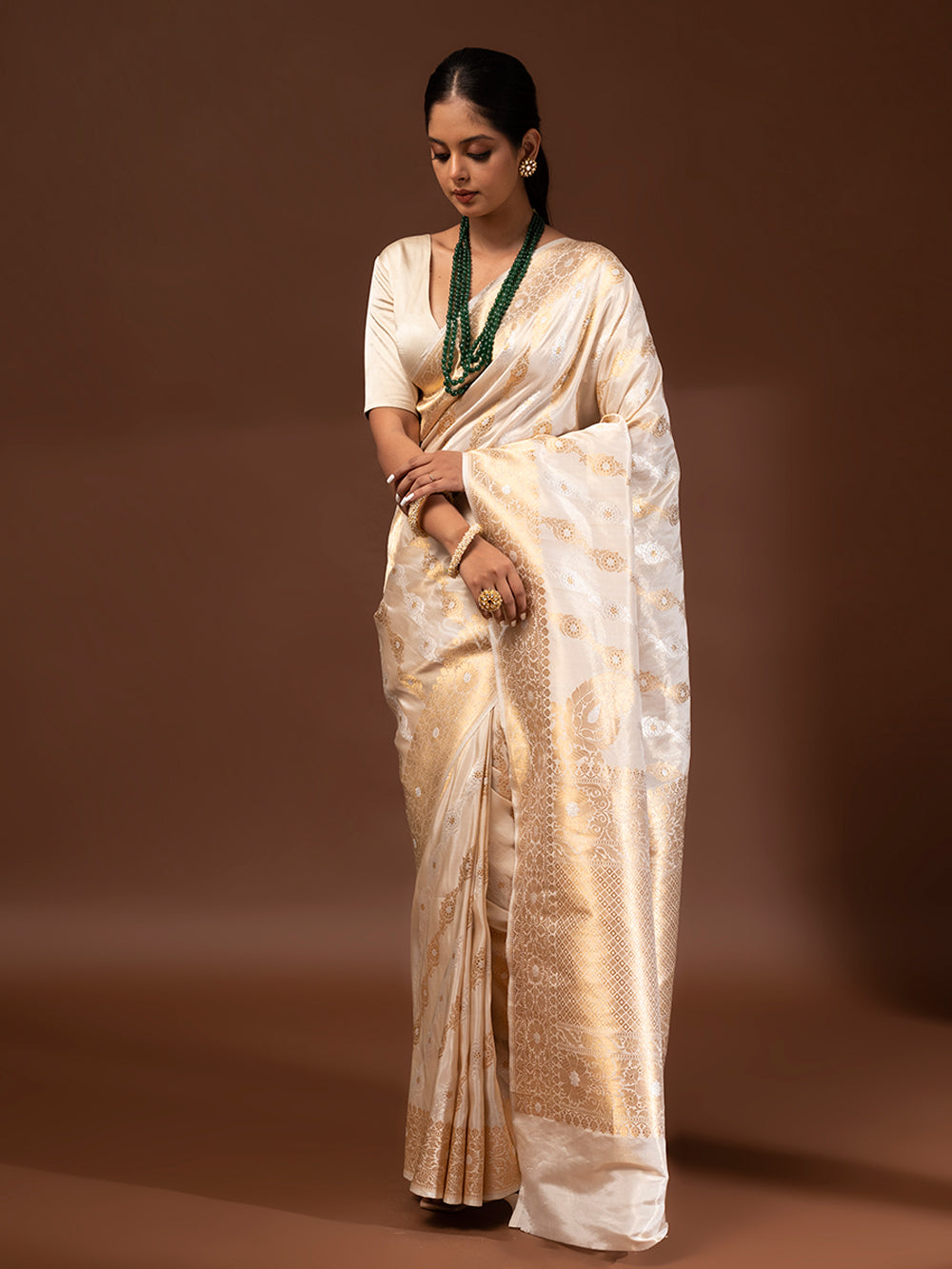 Cream Gold Konia Katan Silk Tissue Handloom Banarasi Saree - Sacred Weaves