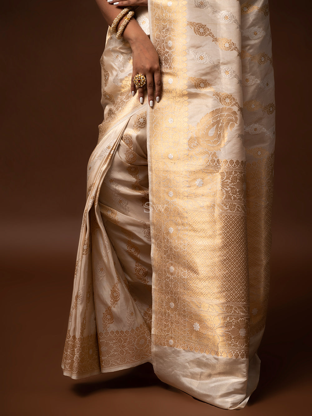 Cream Gold Konia Katan Silk Tissue Handloom Banarasi Saree - Sacred Weaves
