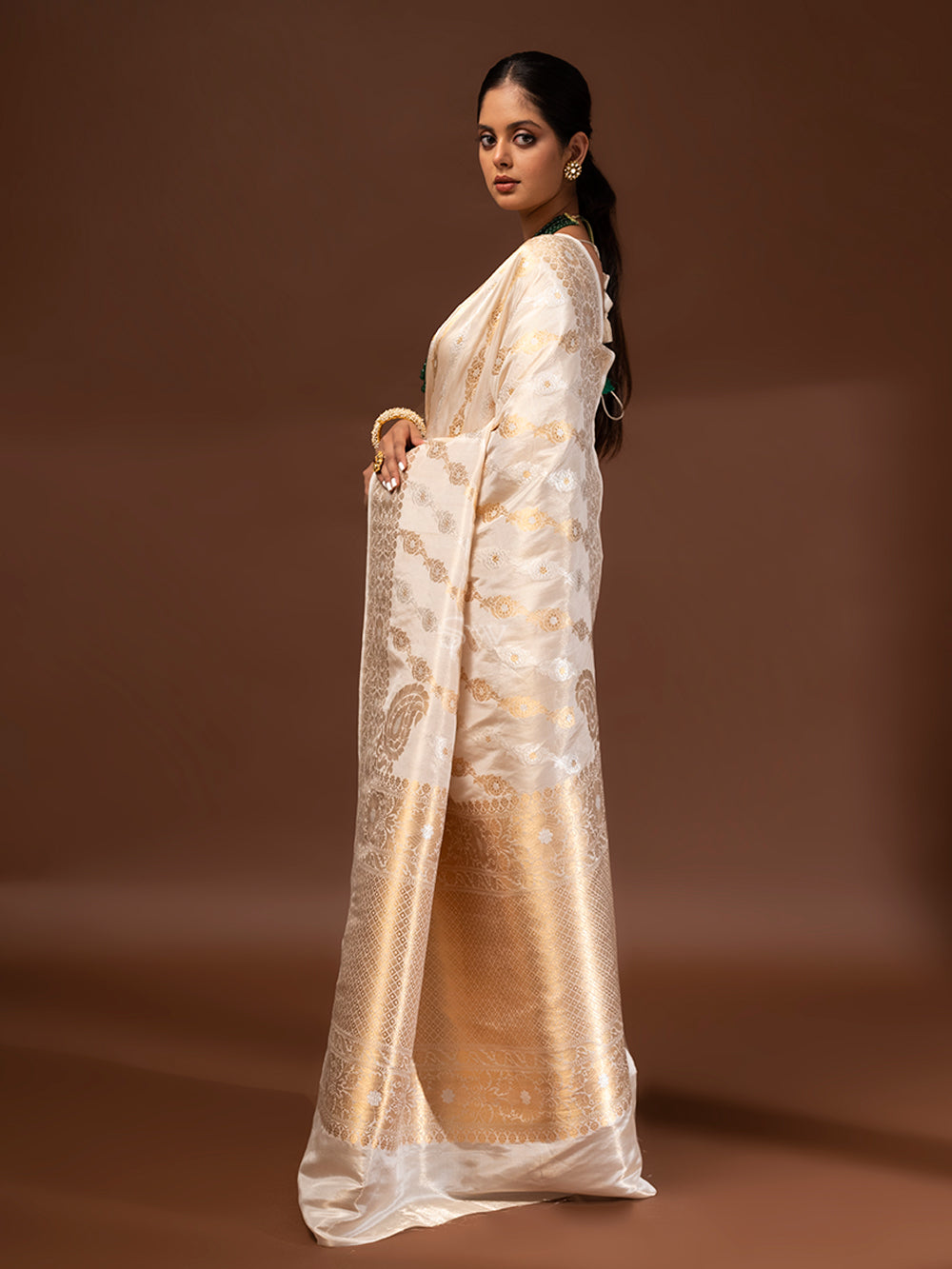 Cream Gold Konia Katan Silk Tissue Handloom Banarasi Saree - Sacred Weaves