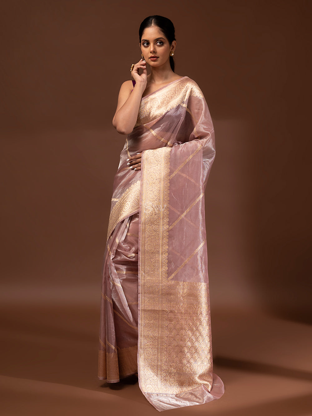 Onion Pink Gold Tissue Handloom Banarasi Saree - Sacred Weaves