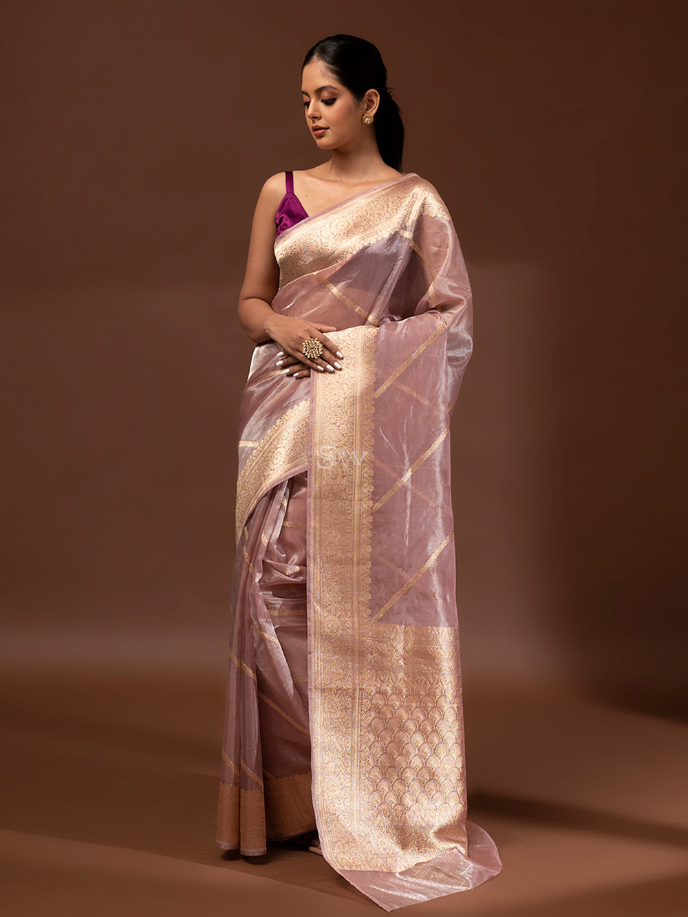 Onion Pink Gold Tissue Handloom Banarasi Saree - Sacred Weaves