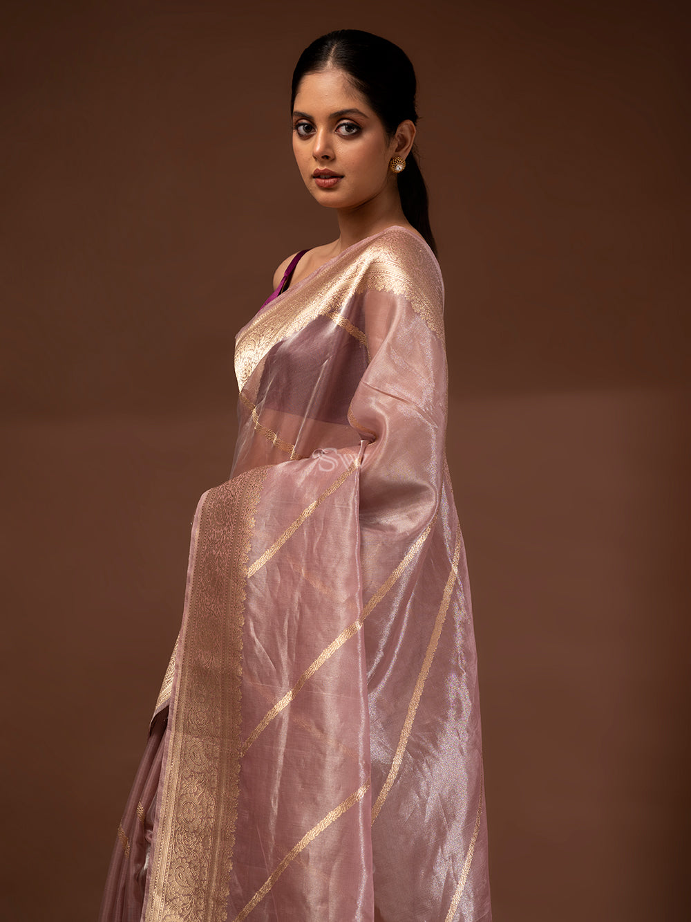 Onion Pink Gold Tissue Handloom Banarasi Saree - Sacred Weaves