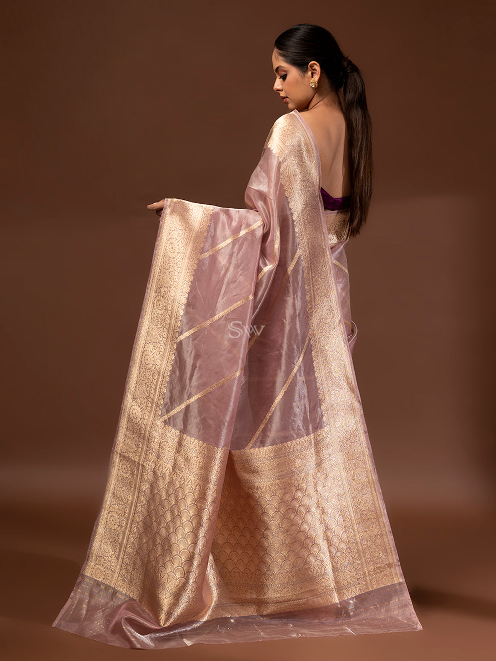 Onion Pink Gold Tissue Handloom Banarasi Saree - Sacred Weaves