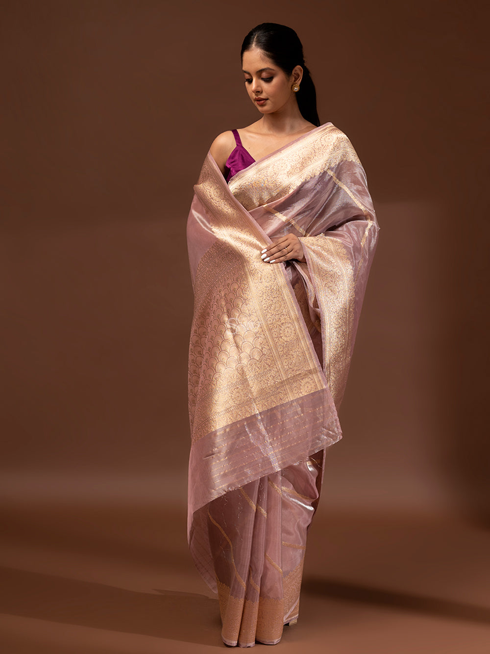 Onion Pink Gold Tissue Handloom Banarasi Saree - Sacred Weaves