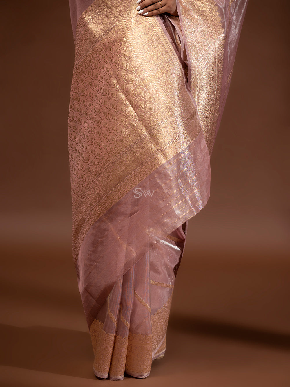 Onion Pink Gold Tissue Handloom Banarasi Saree - Sacred Weaves