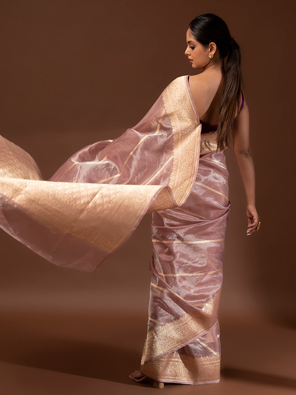 Onion Pink Gold Tissue Handloom Banarasi Saree - Sacred Weaves