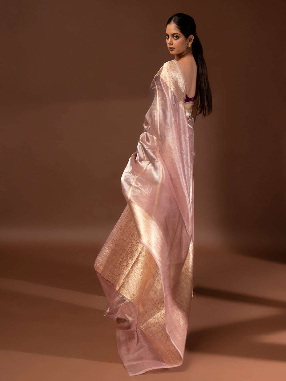 Onion Pink Gold Tissue Handloom Banarasi Saree - Sacred Weaves