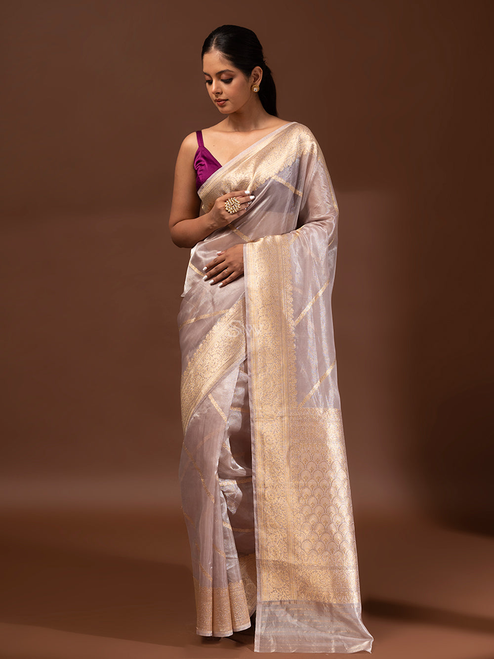 Grey Gold Tissue Handloom Banarasi Saree - Sacred Weaves